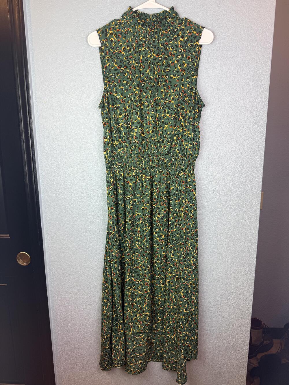 Nanette Lepore Dress Womens 12 Green Leopard Smocked High Neck Maxi